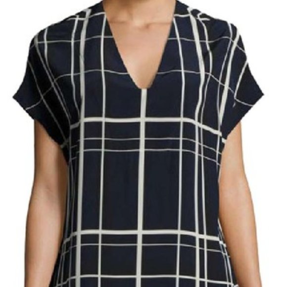 Vince Dresses & Skirts - Vince Navy and White Lattice-Print Silk Shirtdress